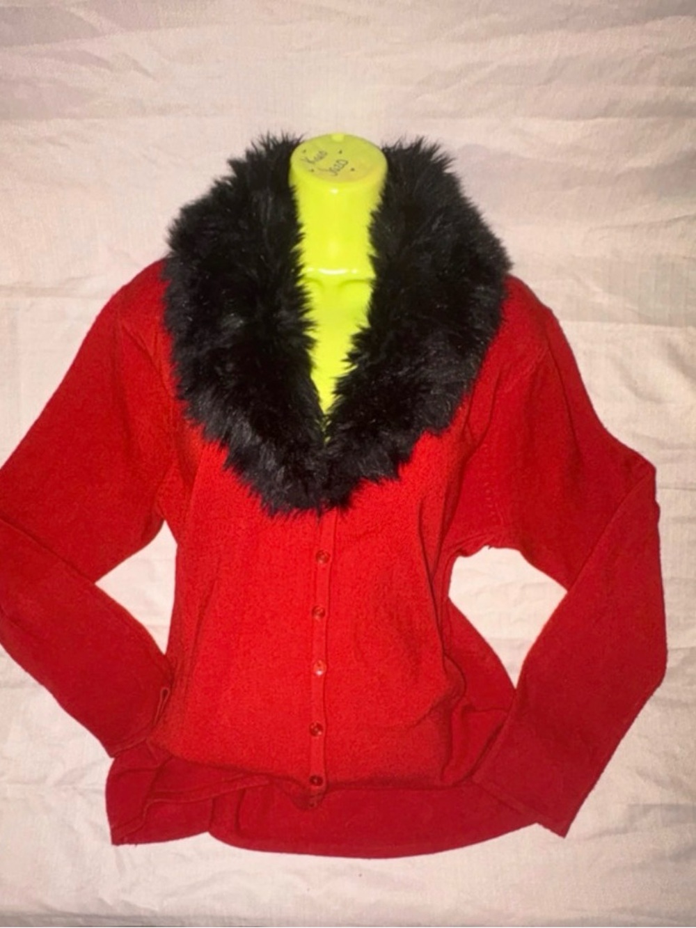 Designers Originals Red Cardigan with Black Faux-Fur Collar